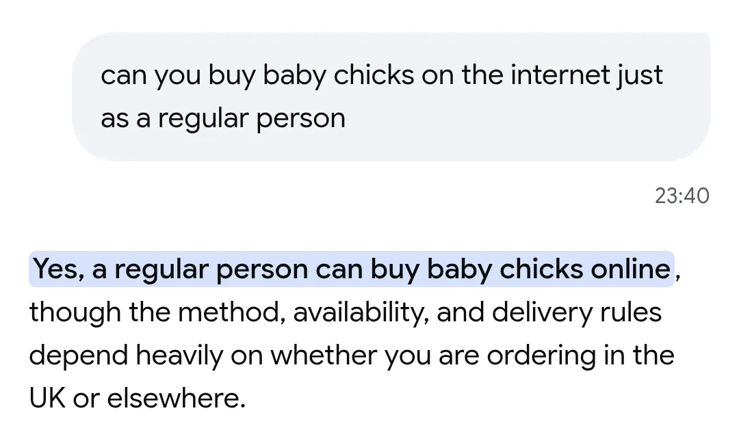 Google AI answer saying a regular person can buy baby chicks online