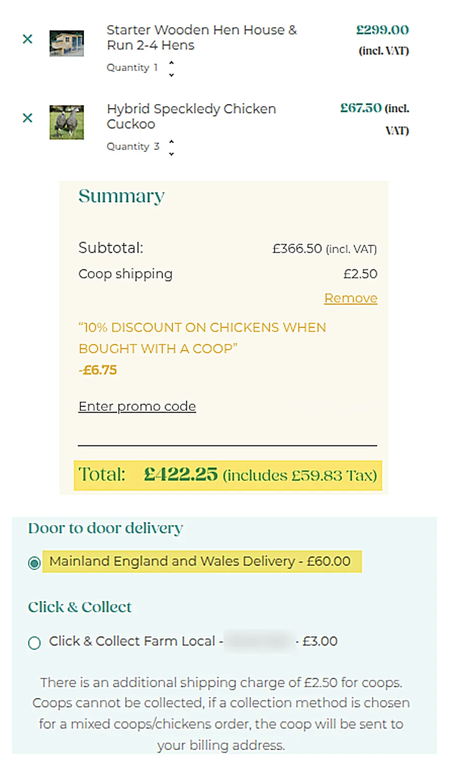 Shopping basket with three hens and a starter coop totalling £422.25