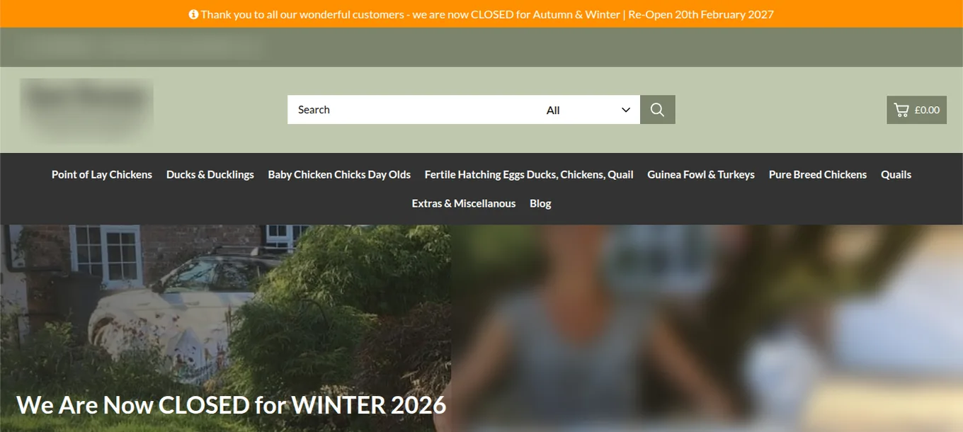 Smallholding website banner saying it is closed for autumn and winter until February