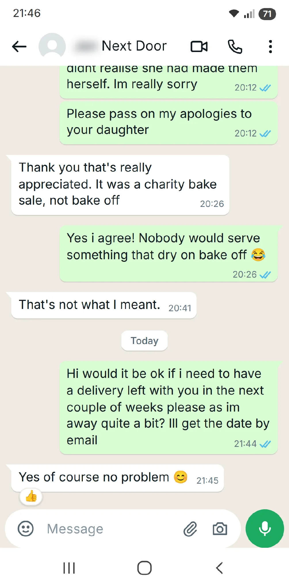 WhatsApp chat asking a neighbour if a delivery can be left with her