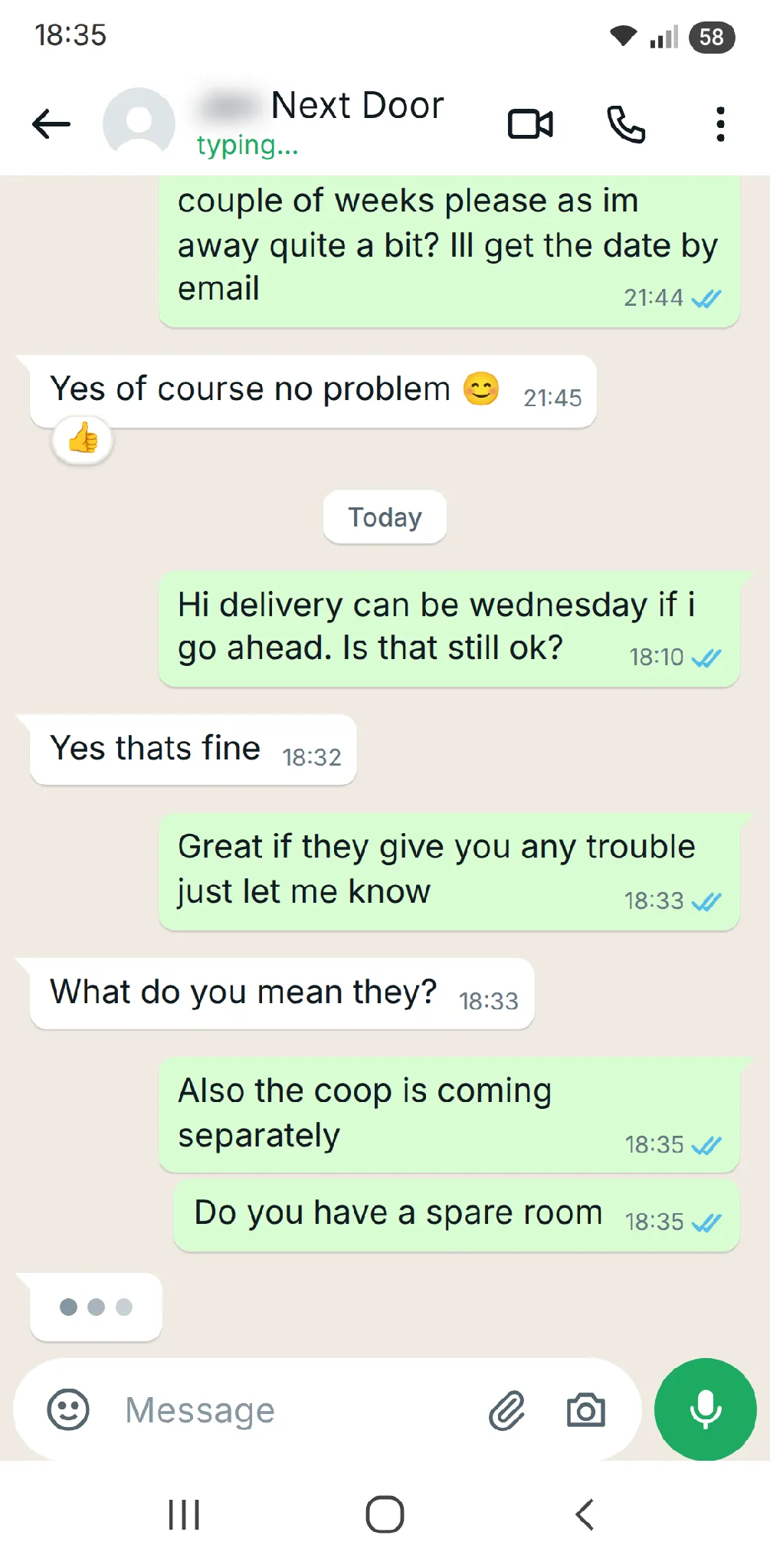 WhatsApp chat with the neighbour about the Wednesday delivery and the coop arriving separately