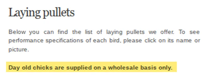 Breeder website noting that day old chicks are supplied on a wholesale basis only