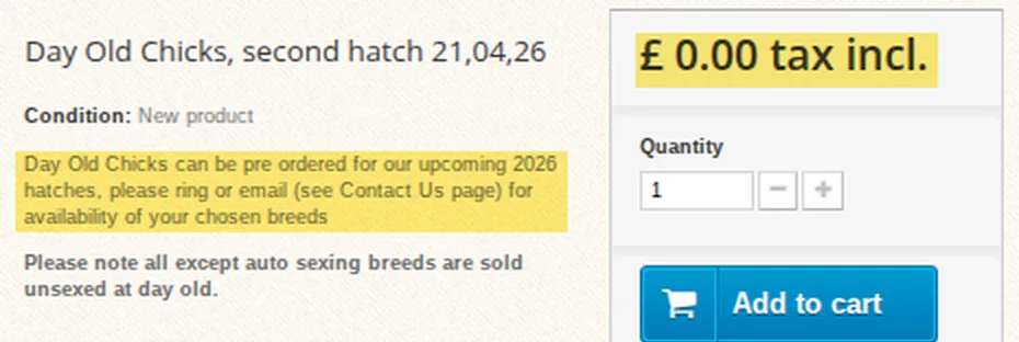 Day old chicks listed at £0.00 with an Add to cart button and a note to preorder by phone or email